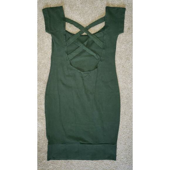 Naf Naf Linen Cross Cross Open Back Dark Green Dress Women Petite Size Small - Picture 3 of 5